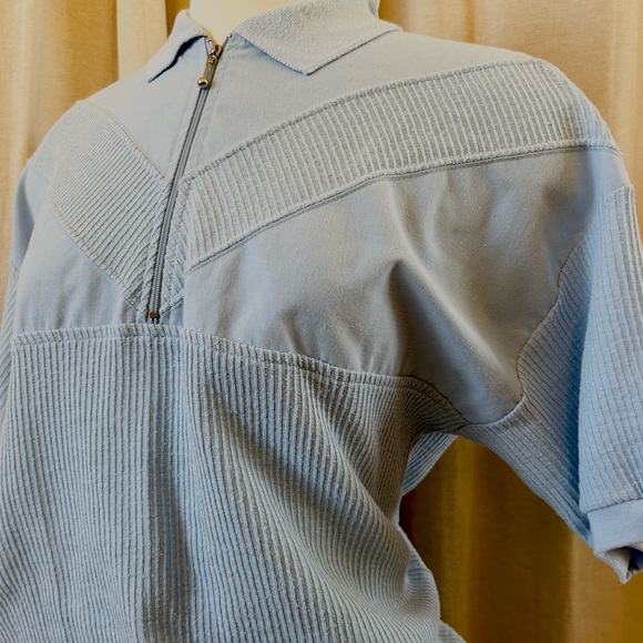 Light Blue Half-Zip Polo – Ribbed Cotton with Chevron Stripes - Picture 3 of 5